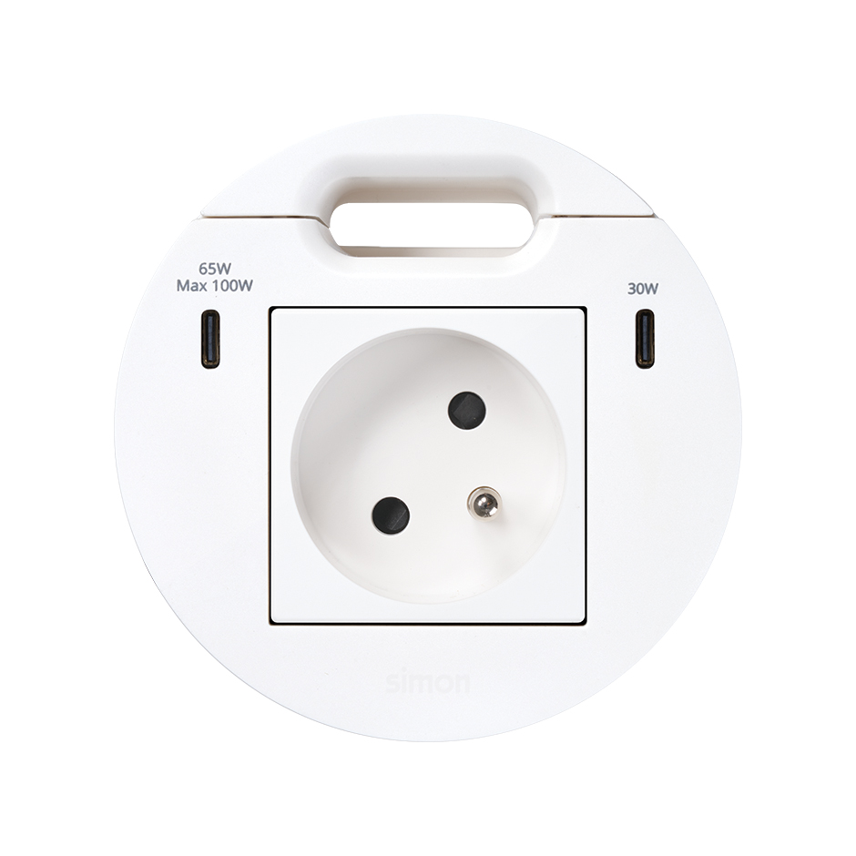 Kit Flash 90 french-belgian modular power socket, USB charger Type C 100W (distributed in 65+30W when both active) and grommet (cable outlet) white Simon K45