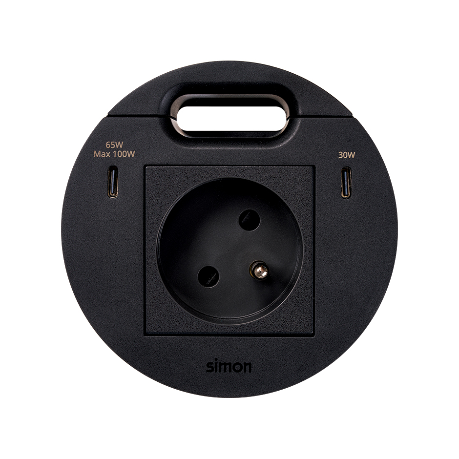 Kit Flash 90 french-belgian modular power socket, USB charger Type C 100W (distributed in 65+30W when both active) and grommet (cable outlet) black Simon K45