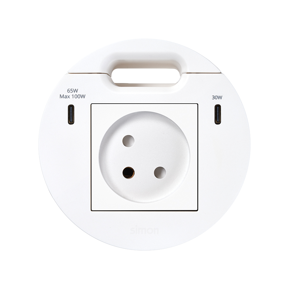 Kit Flash 90 composto por tomada elétrica modular israelense, carregador USB tipo C de 100 W (dividido em 65W+30W simultâneos) e saída de cabeamento branco Simon K45