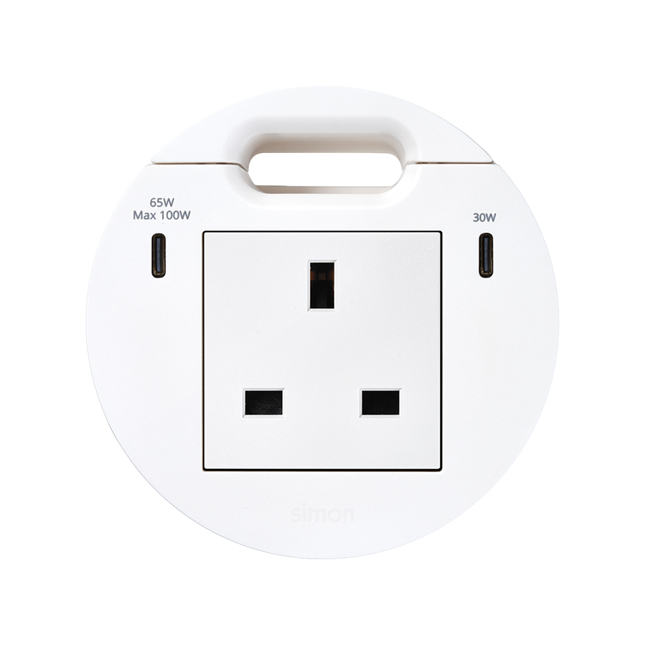 Kit Flash 90 composto por tomada elétrica modular britânica, carregador USB tipo C de 100 W (dividido em 65W+30W simultâneos) e saída de cabeamento branco Simon K45