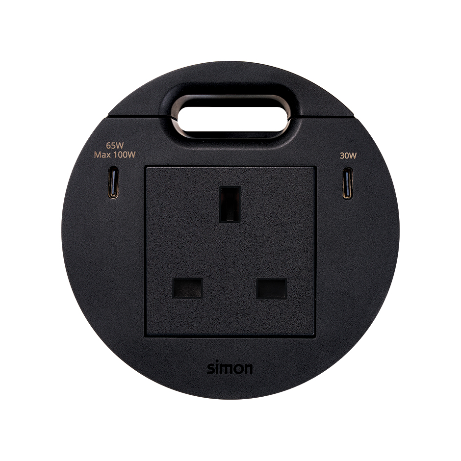 Kit Flash 90 consisting of british modular power socket, USB charger Type C 100W (distributed in 65+30W if connected at the same time) and grommet (cable outlet) black Simon K45