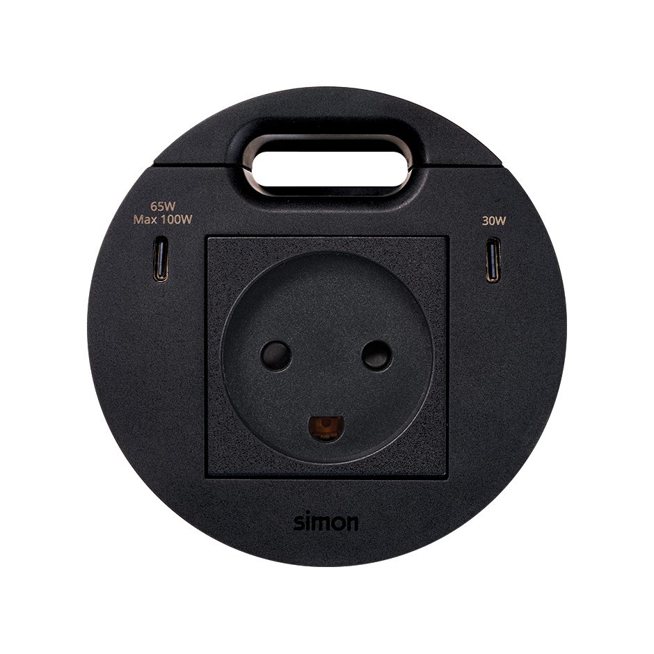 Kit Flash 90 consisting of danish modular power socket, USB charger Type C 100W (distributed in 65+30W if connected at the same time) and grommet (cable outlet) black Simon K45
