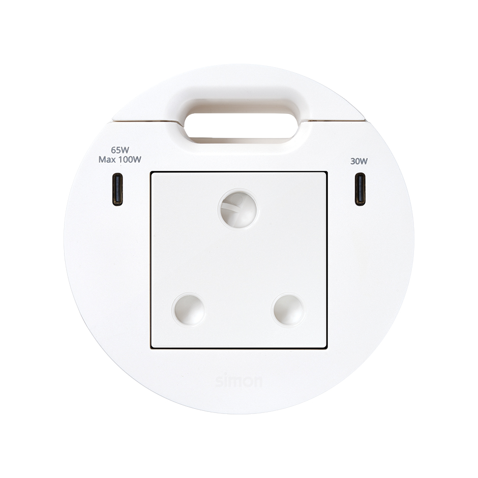 Kit Flash 90 south african modular power socket, USB charger Type C 100W (distributed in 65+30W when both active) and grommet (cable outlet) white Simon K45