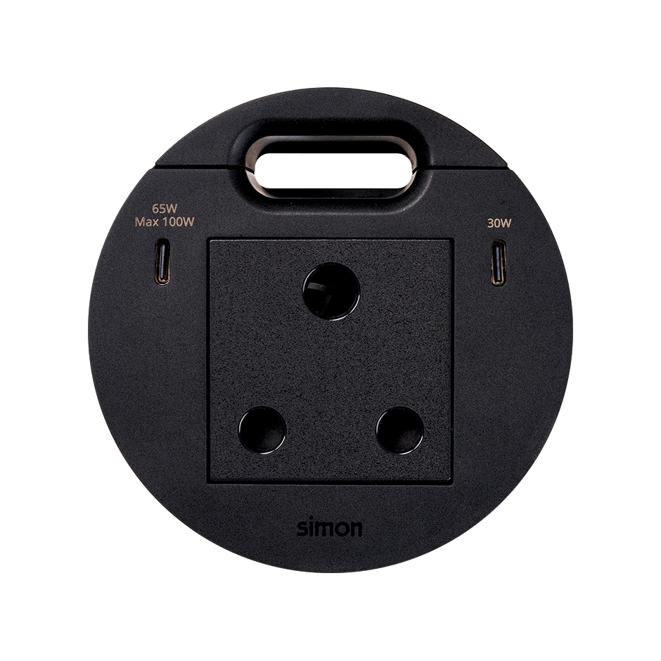 Kit Flash 90 south african modular power socket, USB charger Type C 100W (distributed in 65+30W when both active) and grommet (cable outlet) black Simon K45