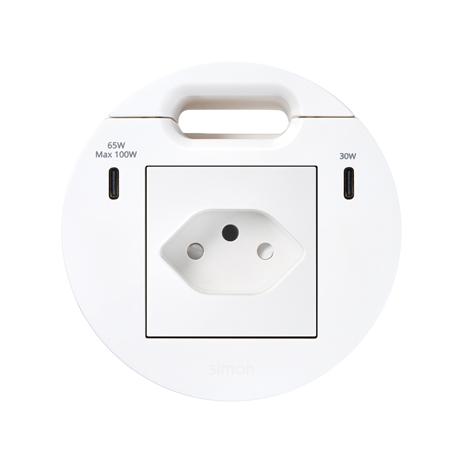 Kit Flash 90 composto por tomada elétrica modular suíça, carregador USB tipo C de 100 W (dividido em 65W+30W se conectados simultaneamente) e saída de cabeamento branco Simon K45