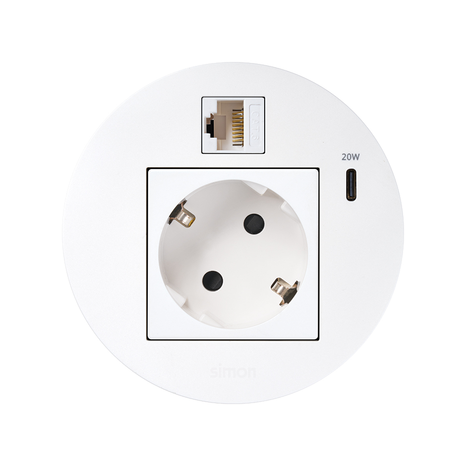 Kit Flash 90 composto por tomada elétrica modular schuko, carregador USB tipo C de 20W, conector RJ45 categoria 6 UTP fêmea-fêmea com encaixe Keystone branco Simon K45