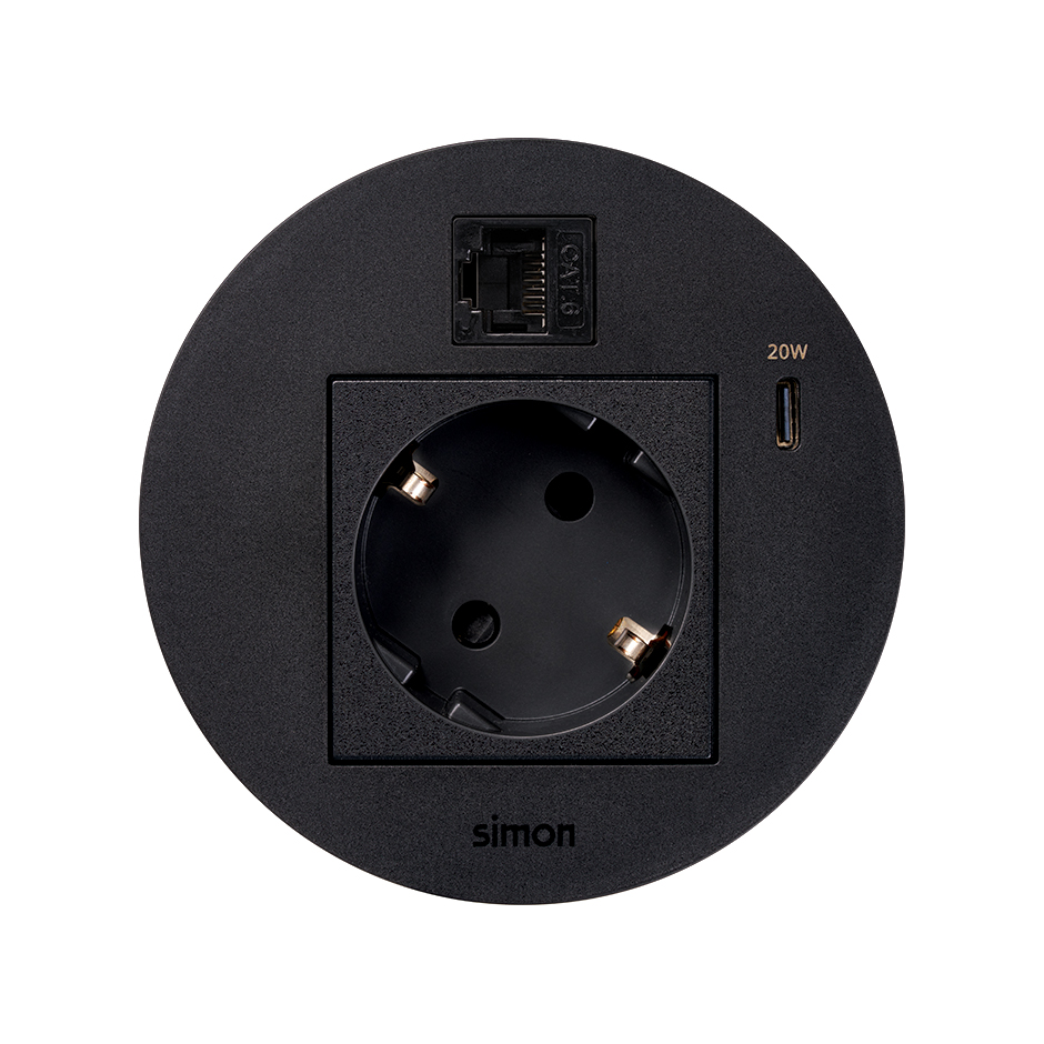 Kit Flash 90 composé du prise de courant modulaire schuko, chargeur USB type C de 20W et connecteur RJ45 Catégorie 6 UTP femelle-femelle avec clipsage Keystone noir Simon K45