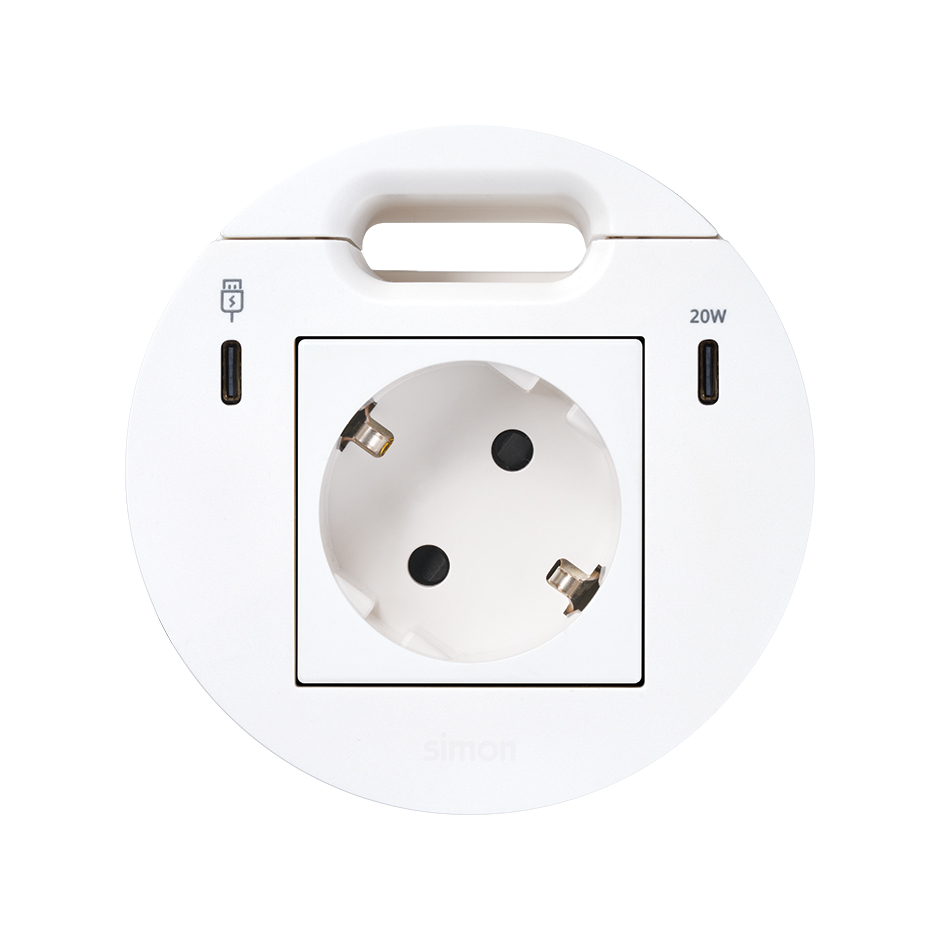 Kit Flash 90 consisting of schuko modular power socket, USB Type C Dock including 1x HDMI + LAN + 3x USB Type A, USB charger Type C 20W and grommet (cable outlet) white Simon K45