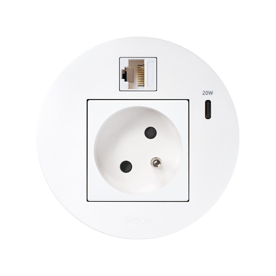 Kit Flash 90 composé du prise de courant modulaire franco-belge, chargeur USB type C de 20W et connecteur RJ45 Catégorie 6 UTP fem-fem avec clipsage Keystone blanc Simon K45
