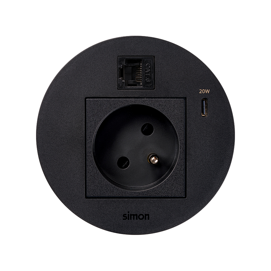 Kit Flash 90 consisting of french-belgian modular power socket, USB charger Type C 20W and RJ45 female-female data connector category 6 UTP black Simon K45