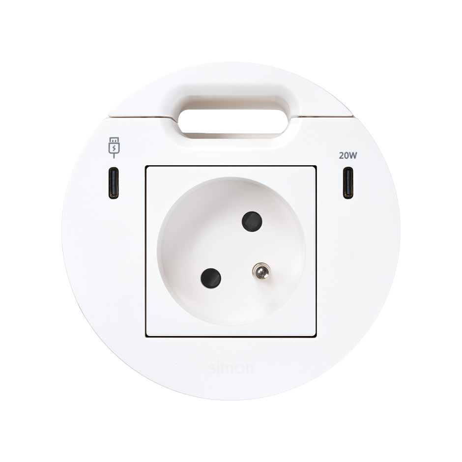 Kit Flash 90 composto por tomada elétrica modular franco-belga, Dock USB C com 1x HDMI + LAN + 3x USB Tipo A, carregador USB tipo C 20W e saída de cabeamento branco Simon K45