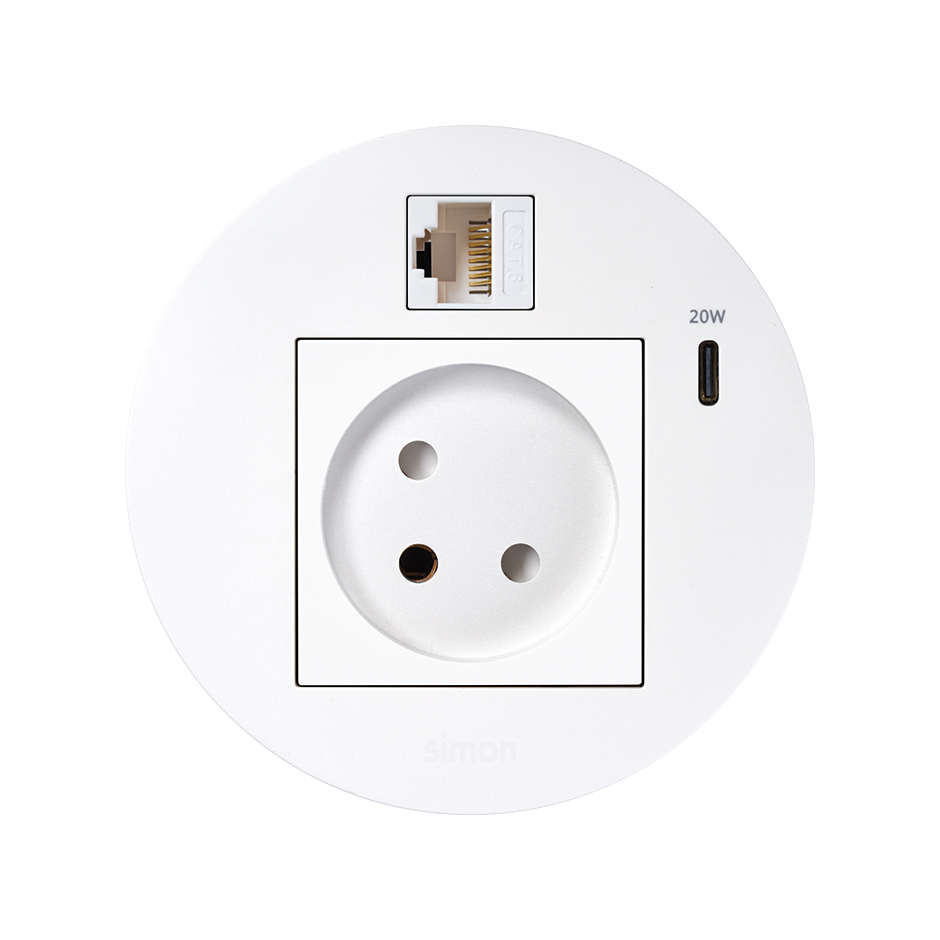 Kit Flash 90 consisting of israelian modular power socket, USB charger Type C 20W and RJ45 female-female data connector category 6 UTP white Simon K45
