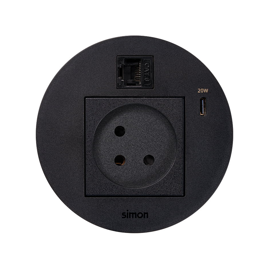 Kit Flash 90 consisting of israelian modular power socket, USB charger Type C 20W and RJ45 female-female data connector category 6 UTP black Simon K45