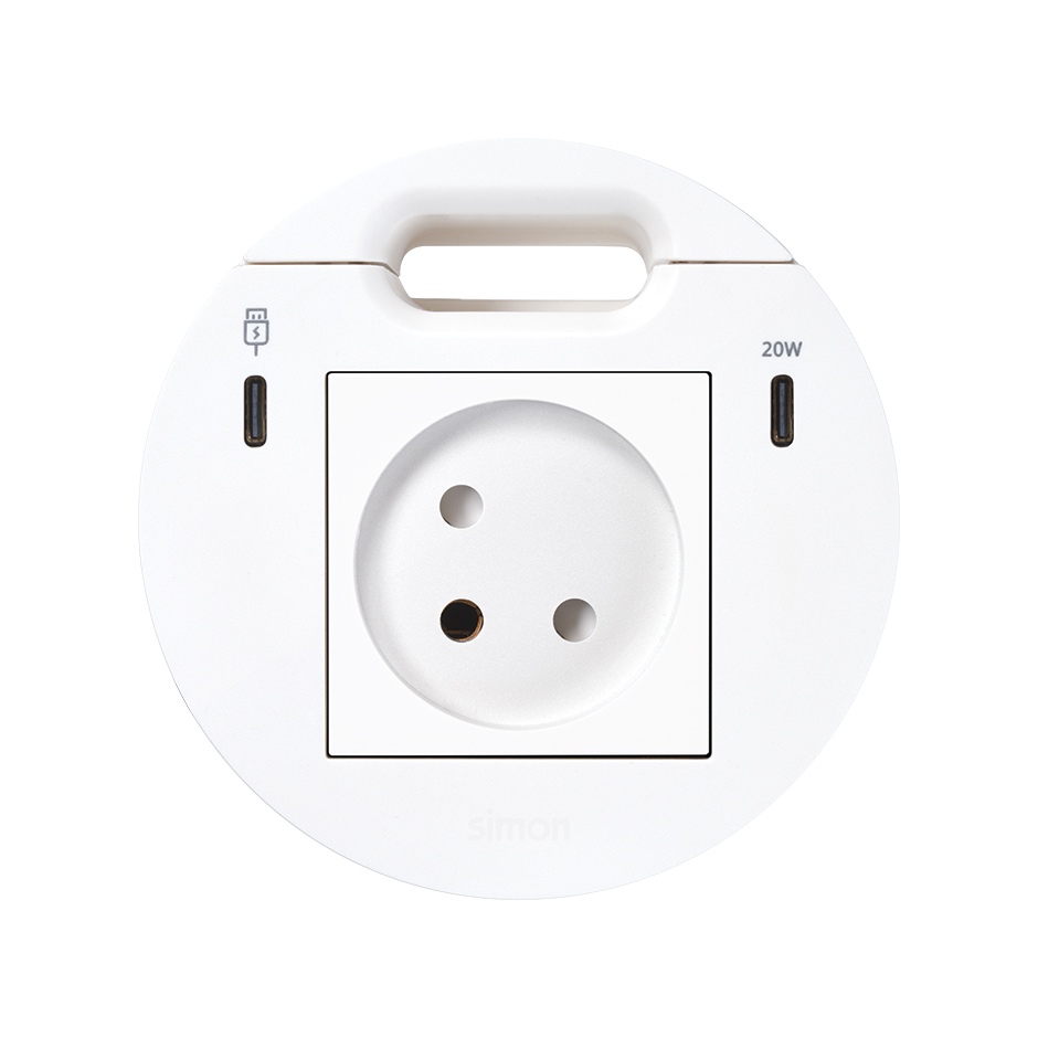 Kit Flash 90 formado por base eléctrica modular israelí, Dock USB C con 1x HDMI + LAN + 3x USB Tipo A, cargador USB tipo C de 20W y salida de cableado blanco Simon K45