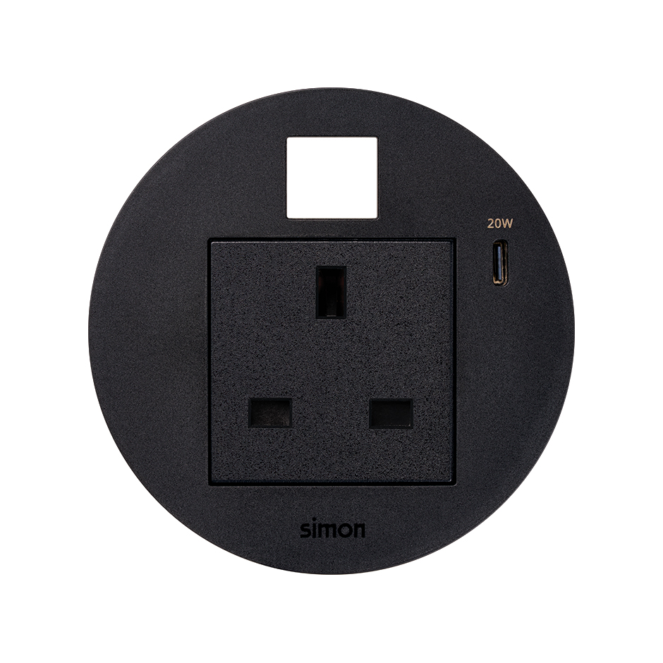 Kit Flash 90 consisting of british modular power socket, USB charger Type C 20W and housing for Keystone connector black Simon K45