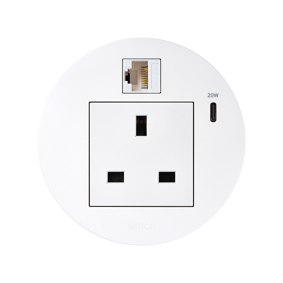 Kit Flash 90 consisting of british modular power socket, USB charger Type C 20W and RJ45 female-female data connector category 6 UTP white Simon K45
