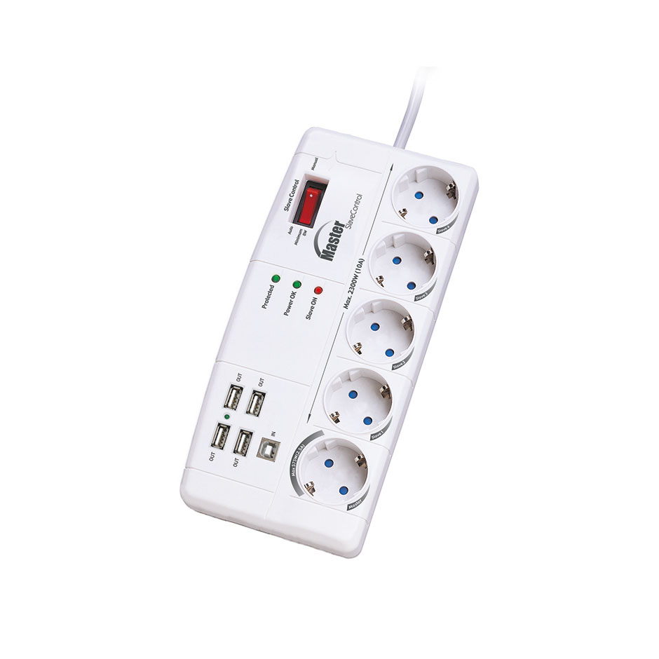 Base múltipla proteção branca master-slave USB com 5 tomadas de 16 A e 250 V~, 1,5 metros de cabo, H05VV-F, 3G 1,5 mm² da 