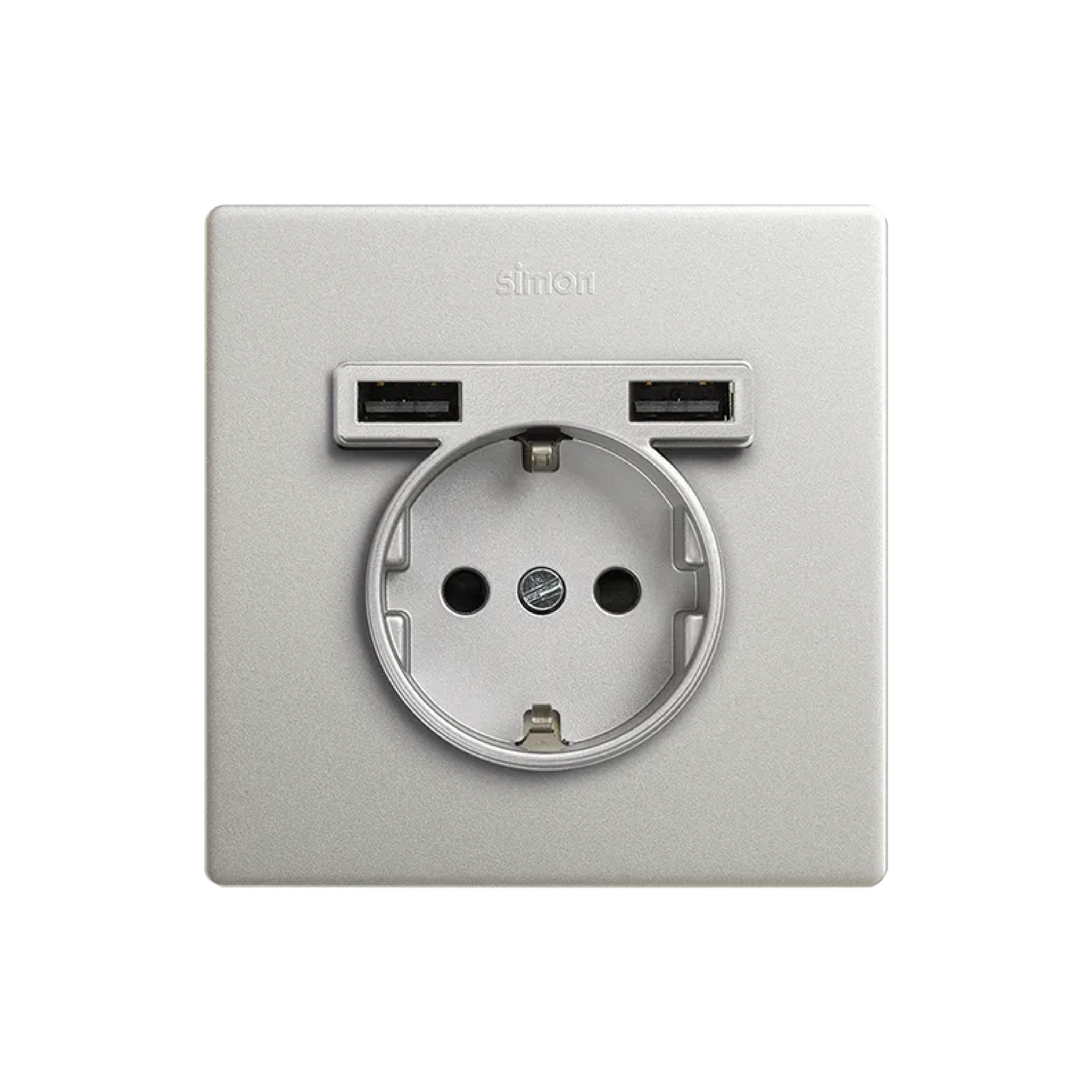 Monoblock kit for 1 element with 1 Schuko socket base and 2 integrated USB chargers aluminium Simon 270