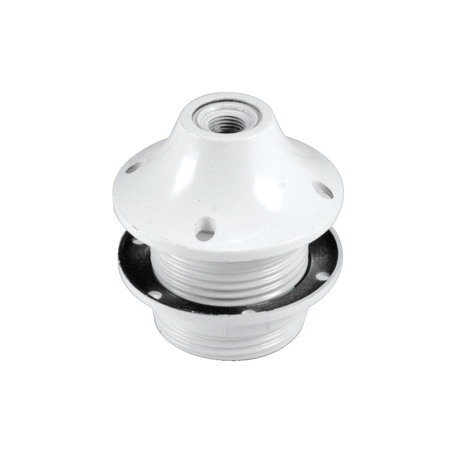 Porta-lâmpadas baquelite com corpo roscado para E-27, em branco com batente e anilha da 