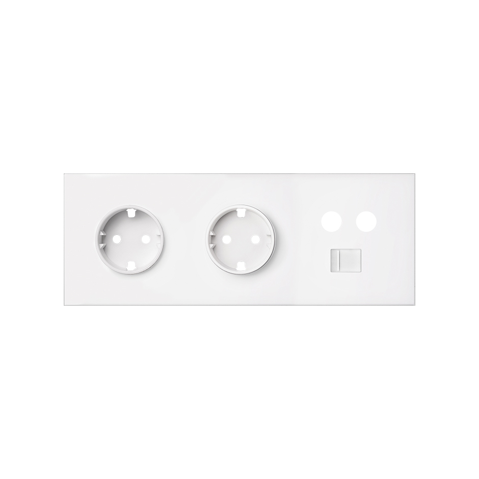 Kit front para 3 elementos com 2 bases de tomada schuko e 1 tomada R-TV+SAT única com 1 conetor RJ45 branco mate Simon 100