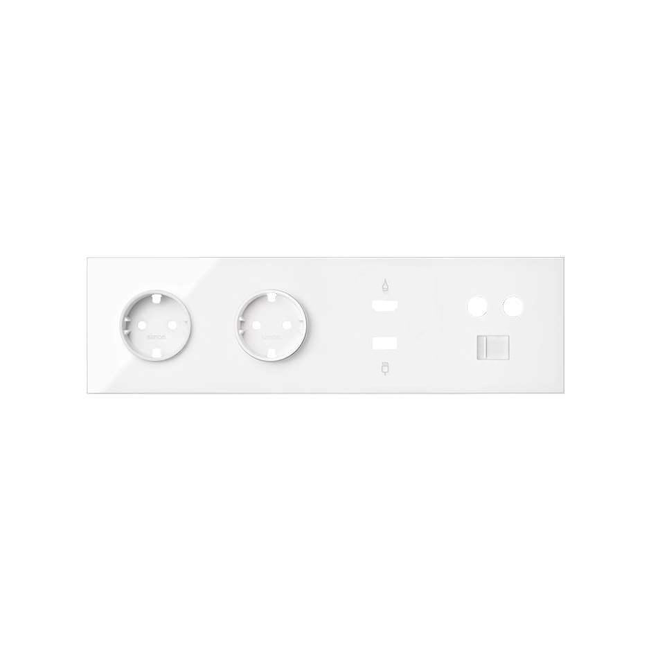Кит на 4 поста, фронт: накладка на 2 розетки Schuko + 1 розетку TV+SAT + 1 розетку RJ45 + 1 розетку HDMI + 1 розетку USB цвета белый глянец Simon 100