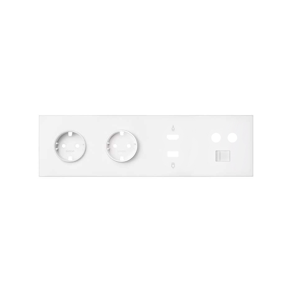 Kit front para 4 elementos com 2 bases de tomada schuko, 1 conetor HDMI + USB, 1 tomada R-TV+SAT + 1 RJ45 branco mate Simon 100
