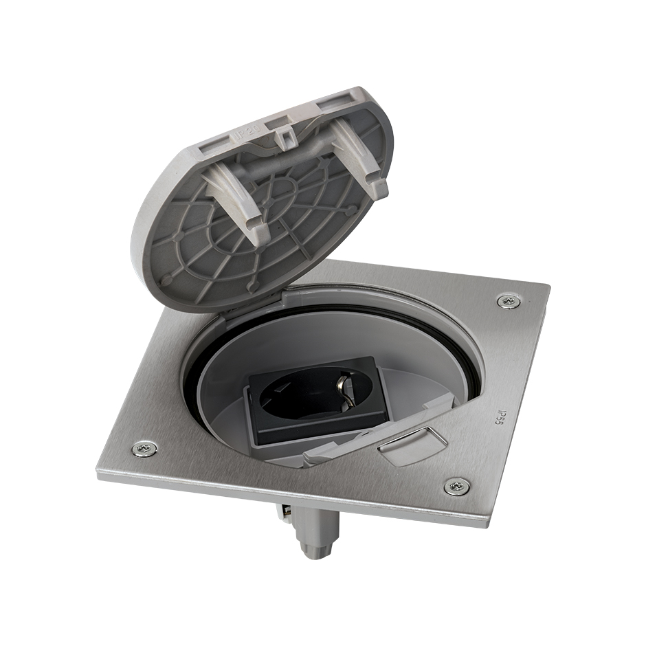 Unidade porta-mecanismos IP66 com fecho manual e uma base de tomada schuko aço inox Simon K45