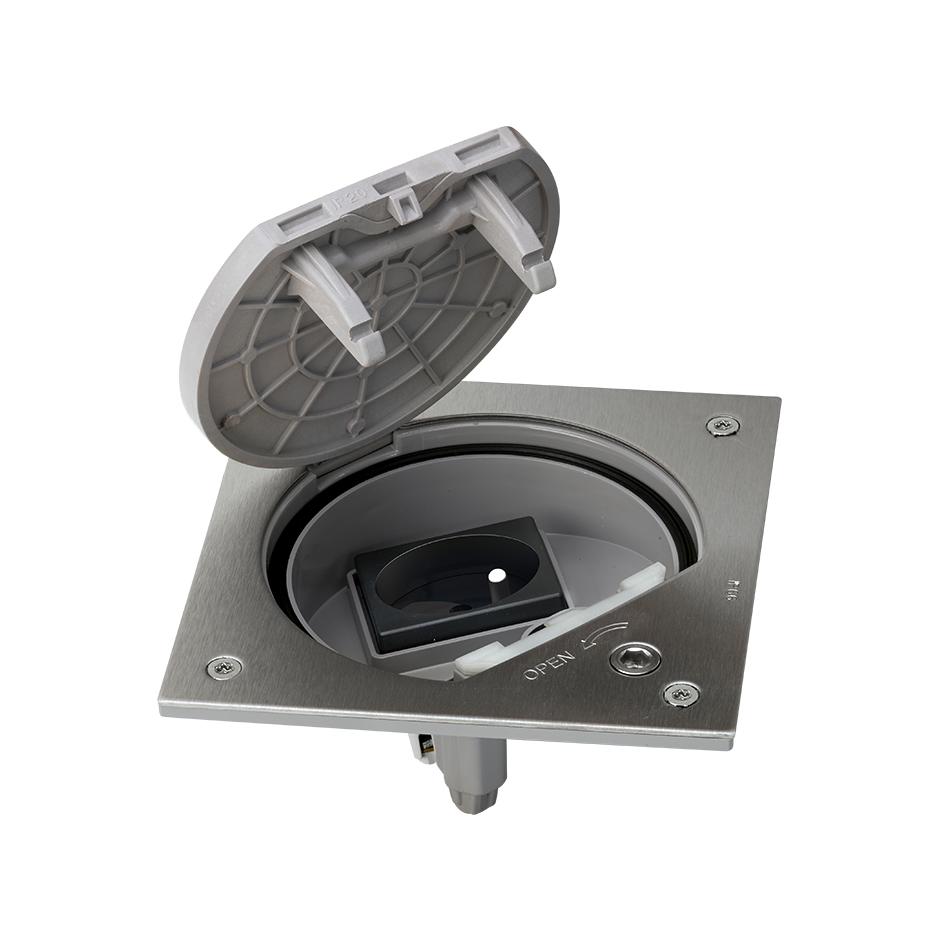 Mechanism-holder unit IP66 with safety lock and French socket outlet stainless steel Simon K45