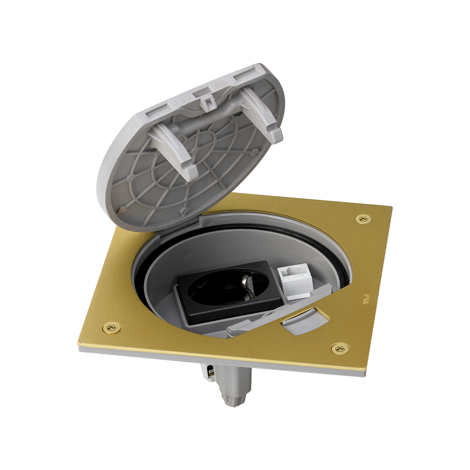 Mechanism-holder unit IP66 with manual lock and Schuko socket outlet with 1 RJ45 category 5e UTP brass Simon K45