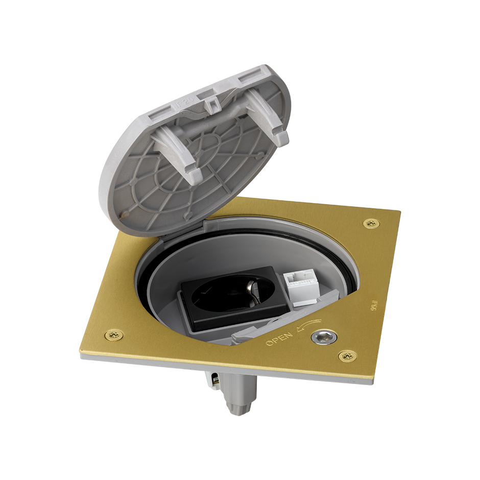 Mechanism-holder unit IP66 with safety lock and Schuko socket outlet with 1 RJ45 category 5e UTP brass Simon K45