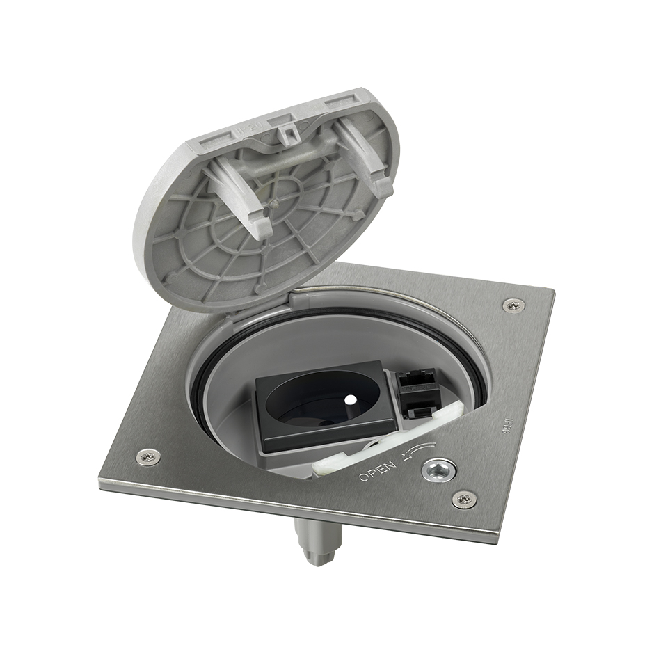Mechanism-holder unit IP66 with safety device and French socket outlet  with 1 RJ45 category 6 UTP stainless steel Simon K45