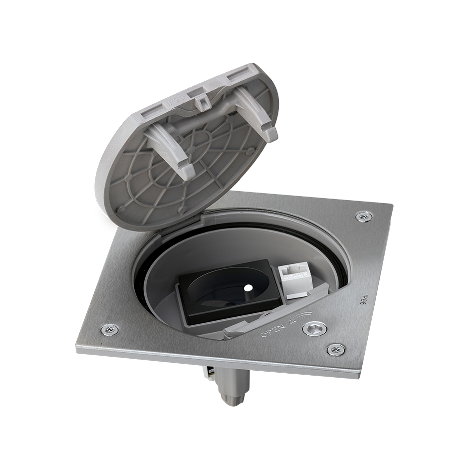 IP66 mechanism holder unit with safety lock and a French socket base with 1RJ45 category 5e UTP stainless steel Simon K45