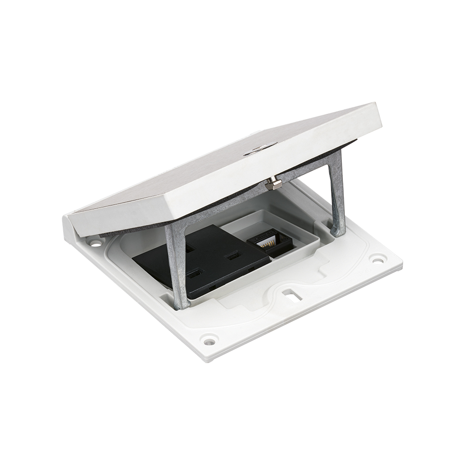 Marco con cierre de seguridad y tapa porta-mecanismos con base británica y conector RJ45 de categoría 6 UTP