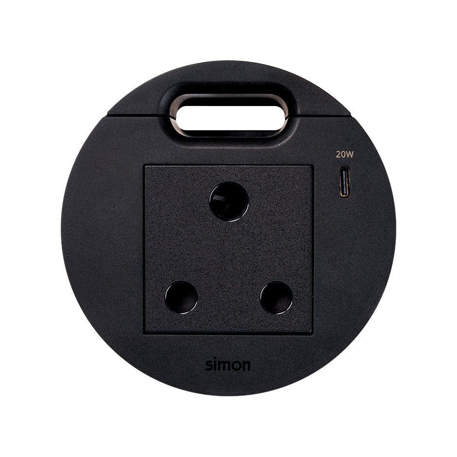 Kit Flash 90 composé du prise de courant modulaire sud-africaine, chargeur USB type C de 20W et sortie de câblage noir Simon K45