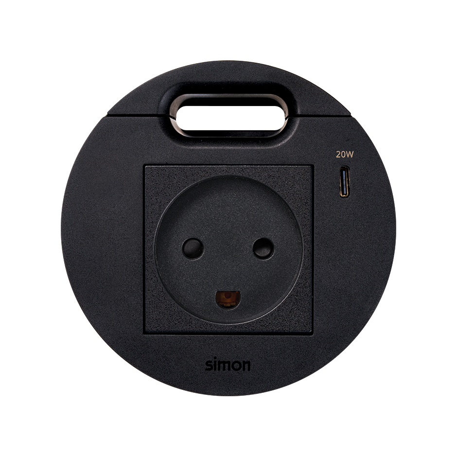 Kit Flash 90 composto por tomada elétrica modular dinamarquesa, carregador USB tipo C 20W e saída de cabeamento preto Simon 400
