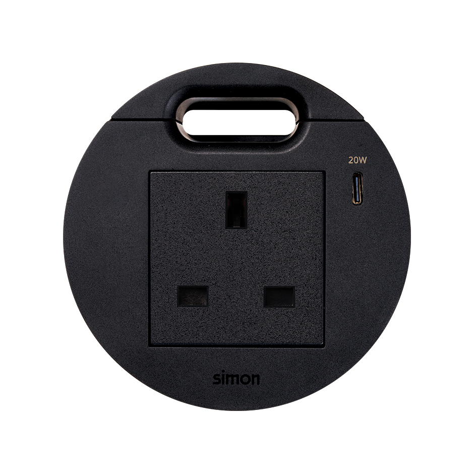 Kit Flash 90 composé du prise de courant modulaire britannique, chargeur USB type C de 20W et sortie de câblage noir Simon K45