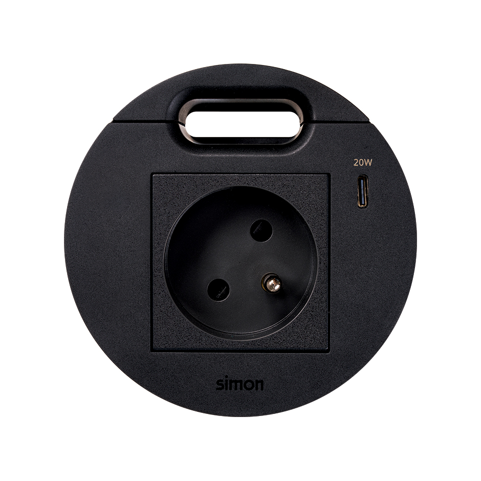 Kit Flash 90 consisting of french-belgian modular power socket, USB charger Type C 20W and grommet (cable outlet) black Simon K45
