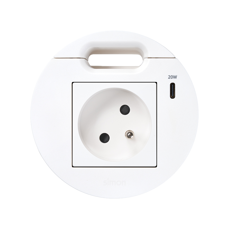 Kit Flash 90 consisting of french-belgian modular power socket, USB charger Type C 20W and grommet (cable outlet) white Simon K45