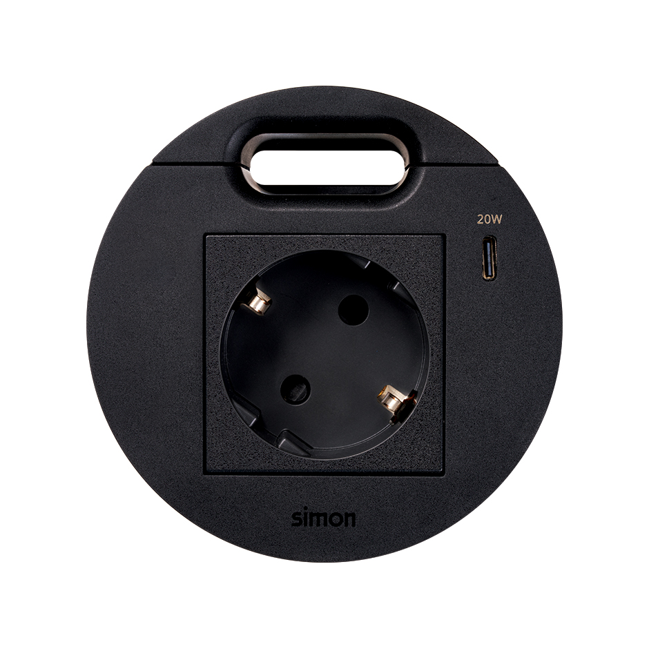 Kit Flash 90 composto por tomada elétrica modular schuko, carregador USB tipo C 20W e saída de cabeamento preto Simon 400