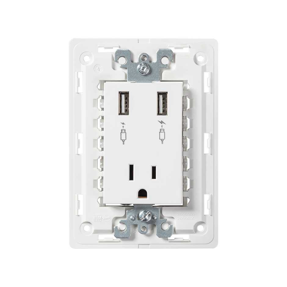 Toma corriente 2P+T con 2 cargadores USB con chasis 1.0A(izq), 2.1A(dcho) 110/125V~ blanco Simon 26