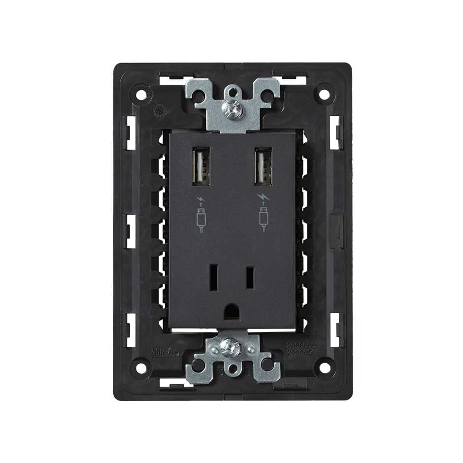 Toma corriente 2P+T con 2 cargadores USB con chasis 1.0A(izq), 2.1A(dcho) 110/125V~ grafito Simon 26