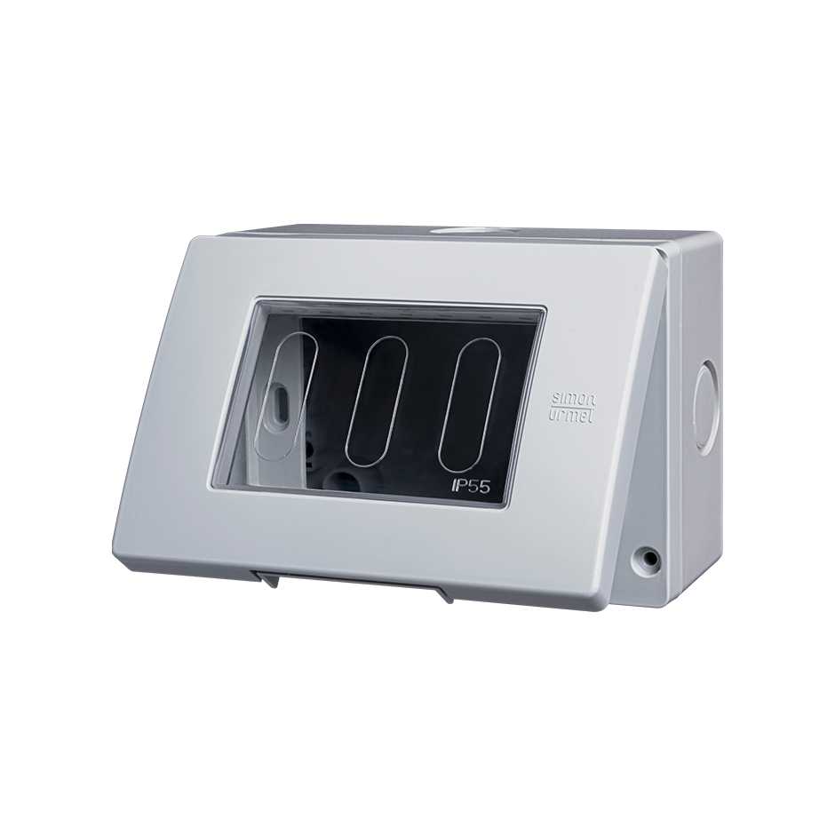 Caja superficie con placa de 3 módulos IP55 gris Simon 26