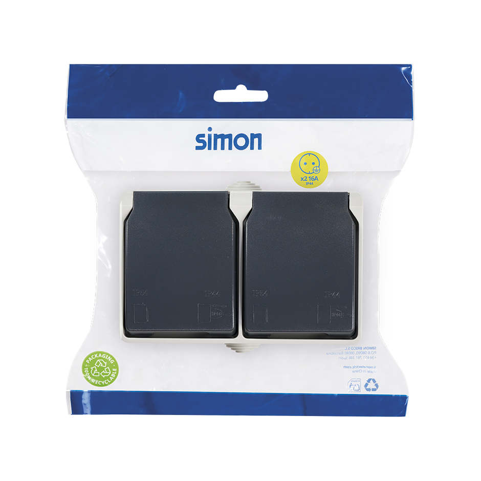 BASES ENCHUFE SCHUKO DOBLE 16A 250V GRIS/NEGRO DE SUPERFCIE EXTERIOR IP44 SERIE ATLANTIS SIMON