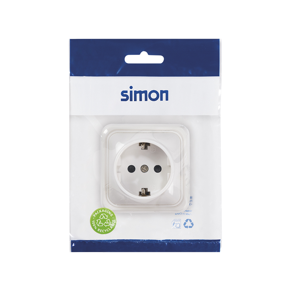 BASE ENCHUFE SCHUKO 16A 250V BLANCA DE SUPERFÍCIE ESPECIAL CANALETA SERIE ALFA SIMON