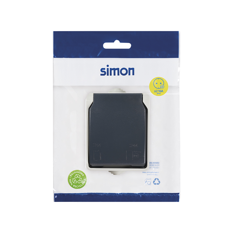 BASE ENCHUFE SCHUKO 16A 250V GRIS/NEGRO DE SUPERFCIE EXTERIOR IP44 SERIE ATLANTIS SIMON