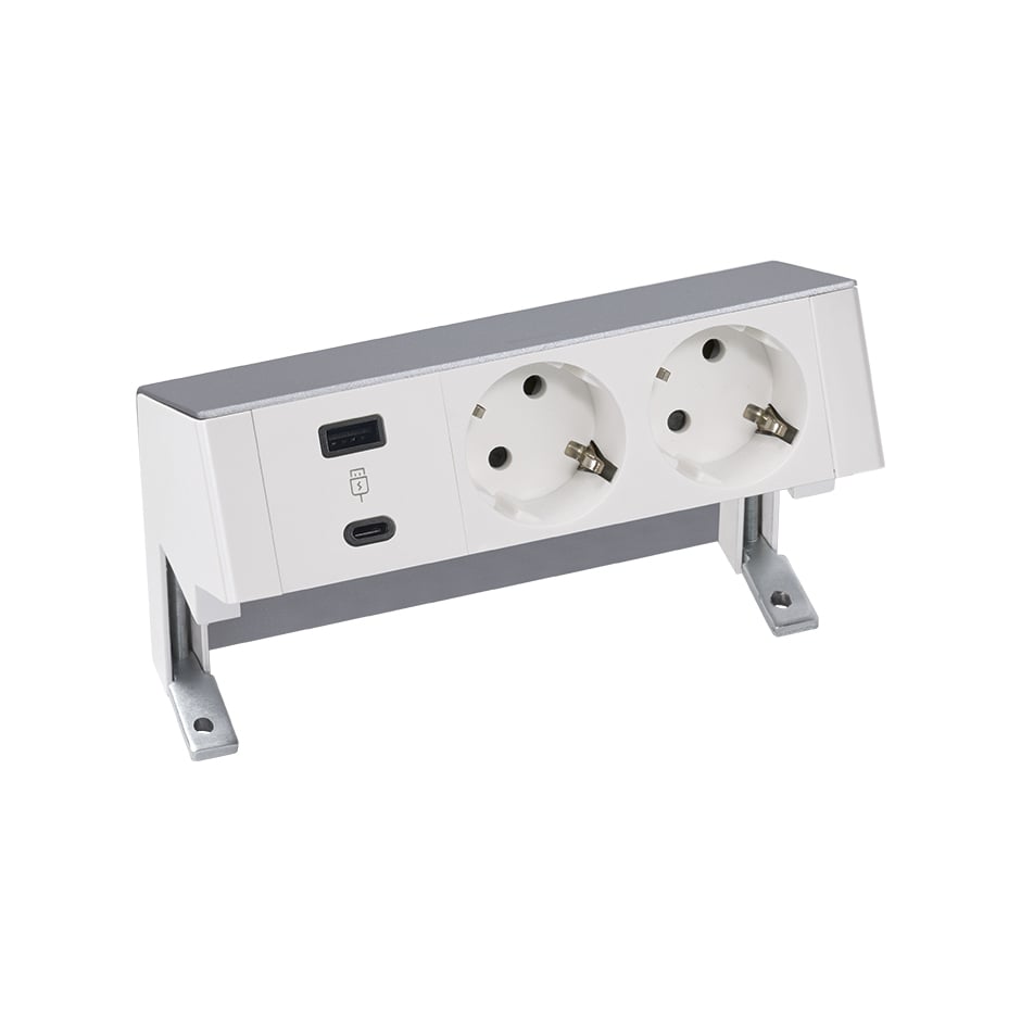 Complete desktop kit 1 USB A+C charger and 2 schuko socket bases aluminum Simon 400