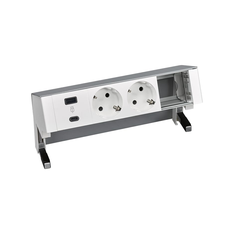Customizable desktop kit with 1 USB A+C charger, 2 schukos, and 1 empty elemnt aluminum Simon 400