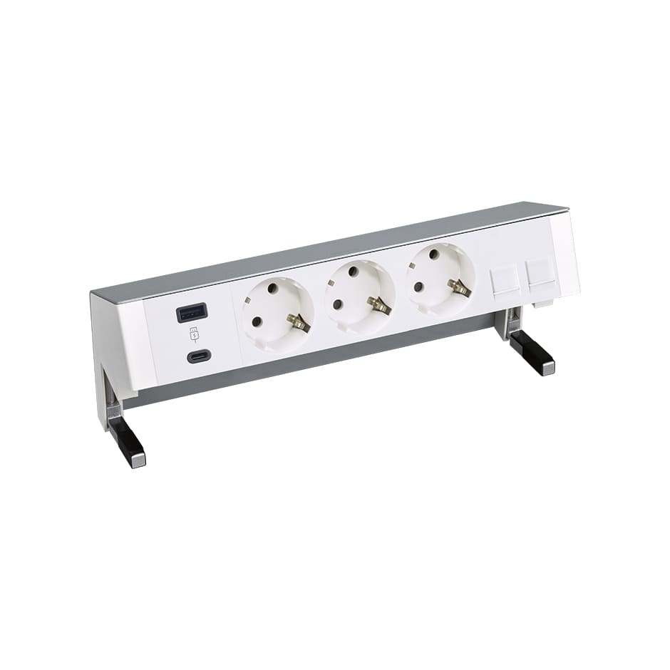 Complete desktop kit with USB A+C charger, 3 schukos, and plate for 2 RJ45 connectors aluminum Simon 400