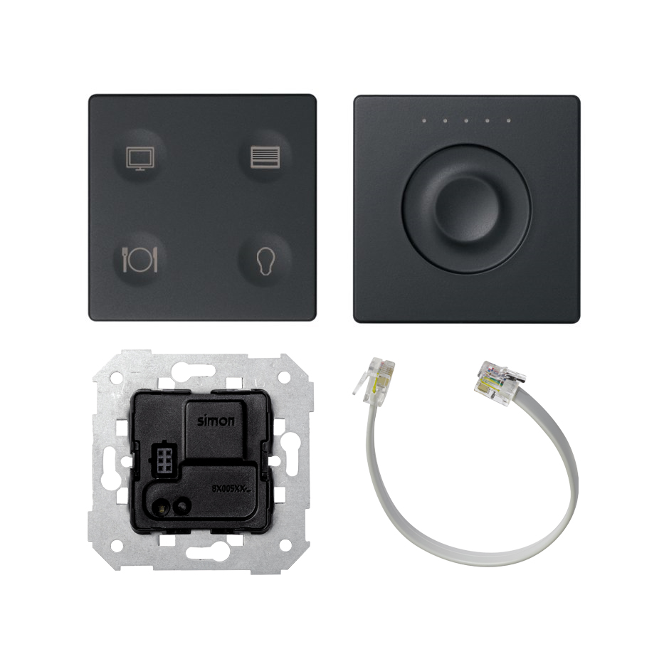 Custom button box 4 functions for lighting and blinds in living room, KNX coupling unit and slide control graphite Simon 82 Sense