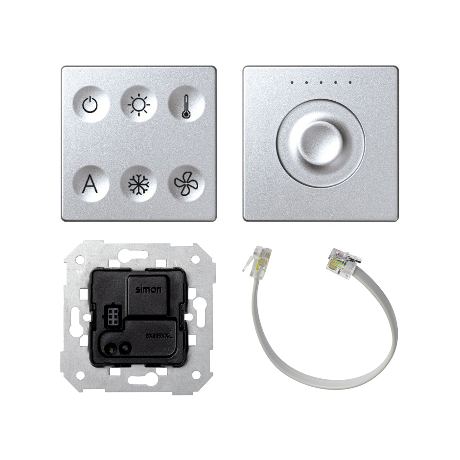 Custom button box 6 functions lighting and temperature control with KNX coupling unit and slide control regulator cold aluminium Simon 82 Sense